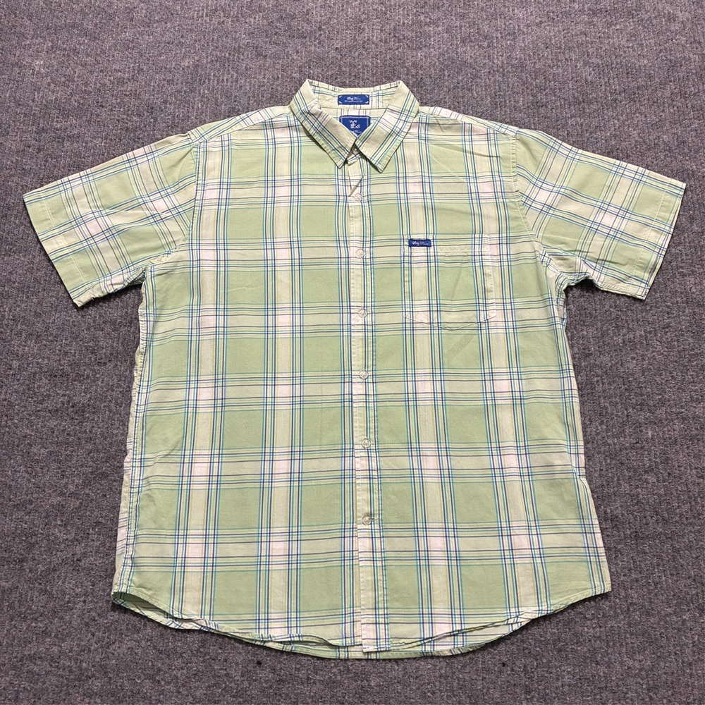 Lrg Wovens Mens Button Up Shirt Size L Green Plaid Cotton Short Sleeve
